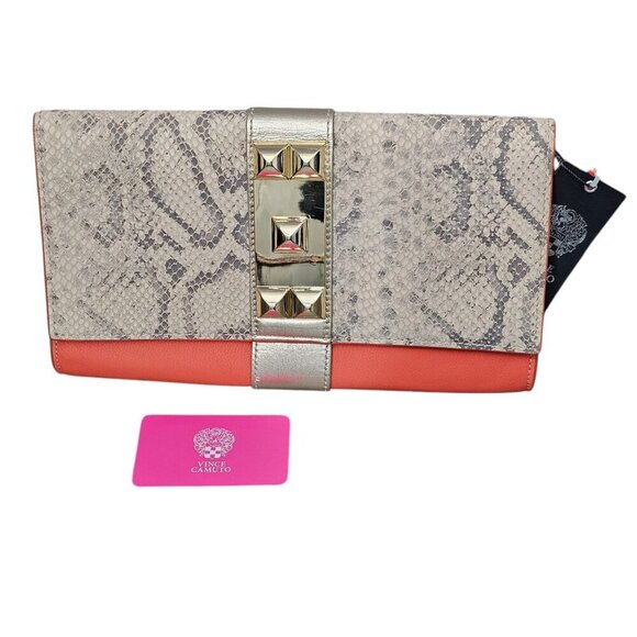 Vince Camuto New Genuine Leather Animal Reptile Snakeskin Orange Tan Clutch Bag - Picture 1 of 12